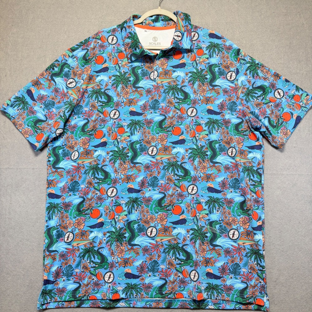 Scales Gear Mens 2XL Tropical Fishing Polo Shirt Blue Crocodile‎ Mahi Mahi Print
